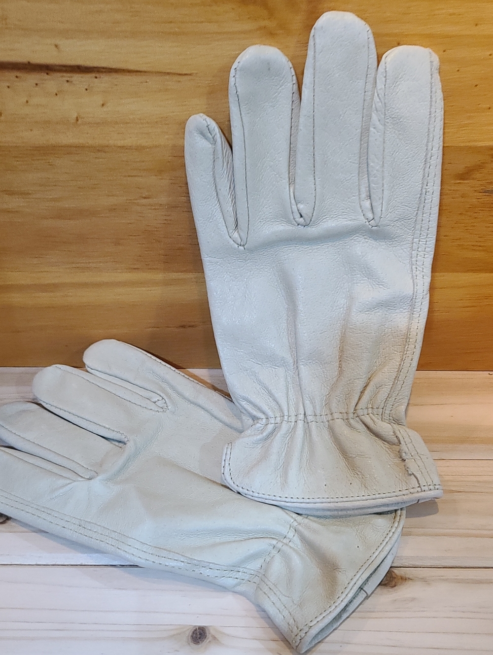 Men's Leather Lg Work Gloves  with Elastic Wrist 2 Tone Cream NWOT